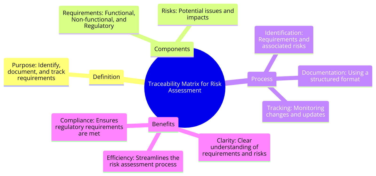 Mind map of a traceability matrix for risk assessment: definition, components, process, and benefits